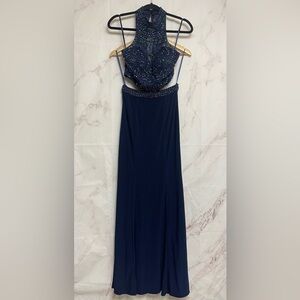 Sean Collection Beaded Sheer Neck Prom Gown